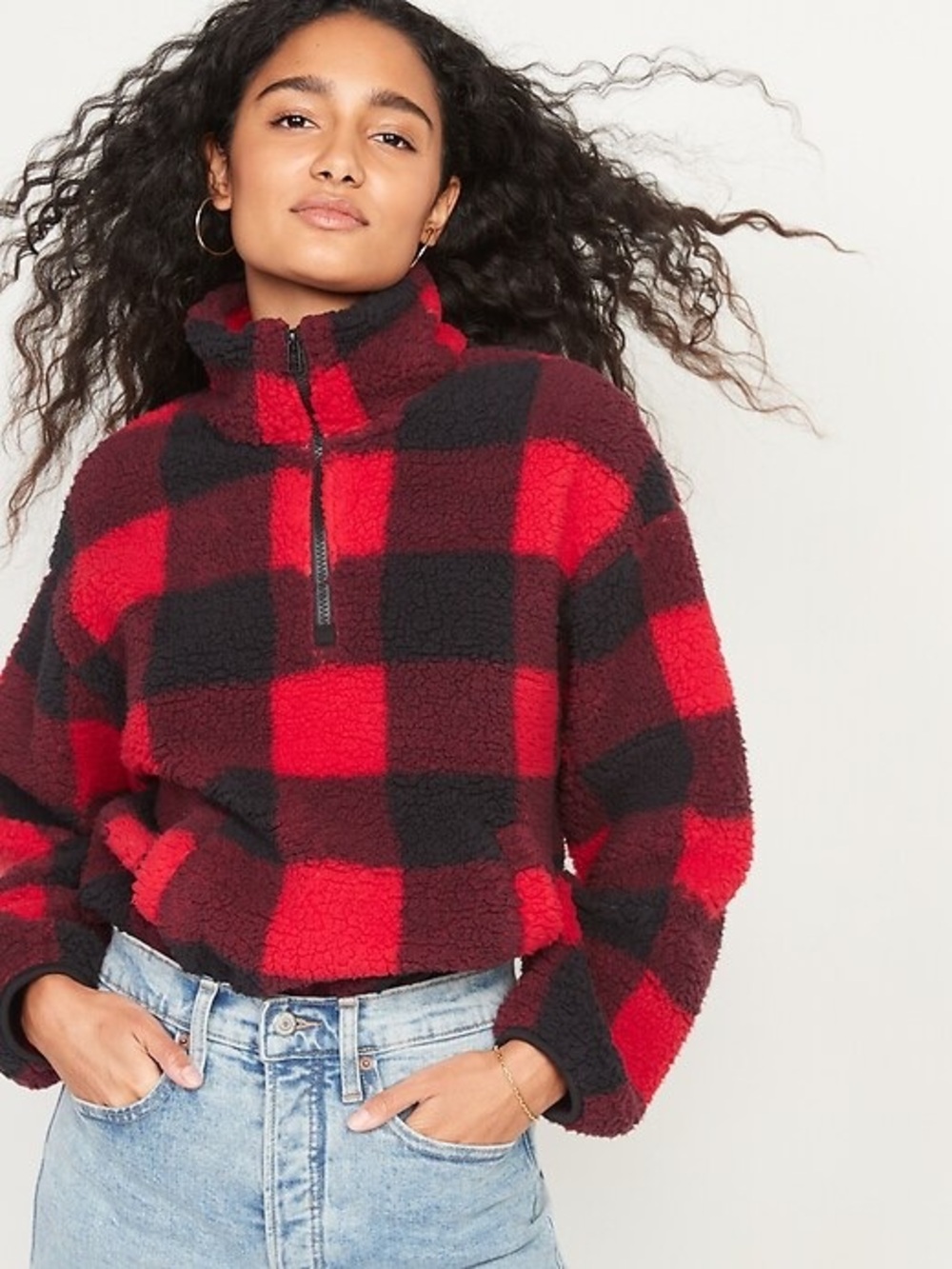 Old Navy Cozy Sherpa Quarter Zip Red Buffalo Plaid Pullover S